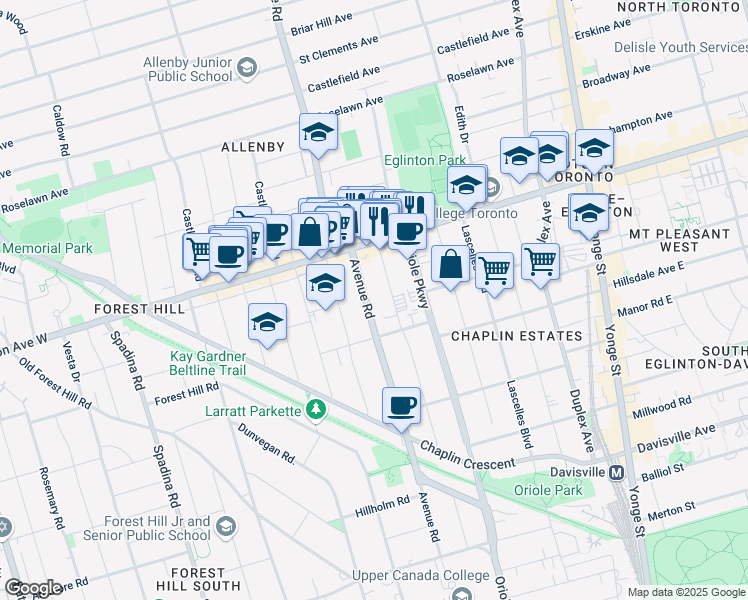 map of restaurants, bars, coffee shops, grocery stores, and more near 955 Avenue Road in Toronto