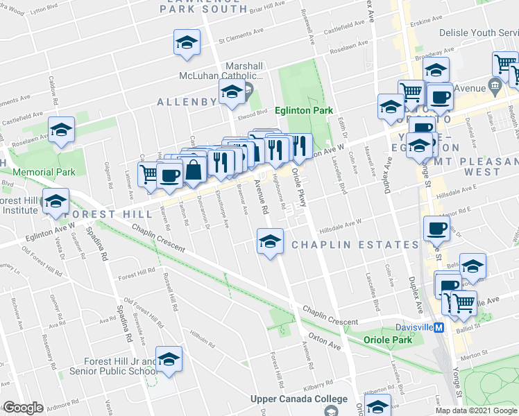 map of restaurants, bars, coffee shops, grocery stores, and more near 83 Braemar Avenue in Toronto