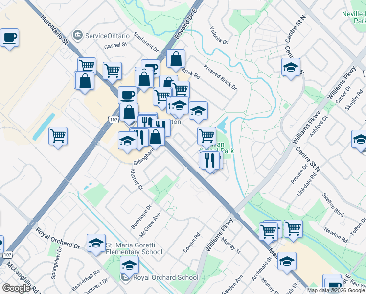 map of restaurants, bars, coffee shops, grocery stores, and more near 57 Brickyard Way in Brampton