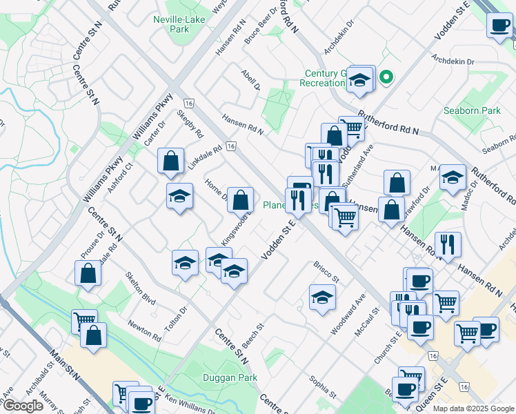 map of restaurants, bars, coffee shops, grocery stores, and more near 123 Kingswood Drive in Brampton