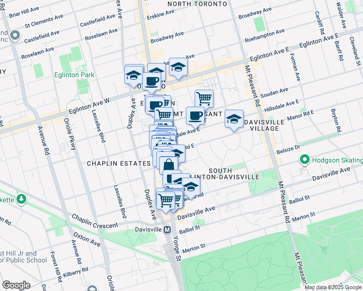 map of restaurants, bars, coffee shops, grocery stores, and more near 17 Manor Road East in Toronto