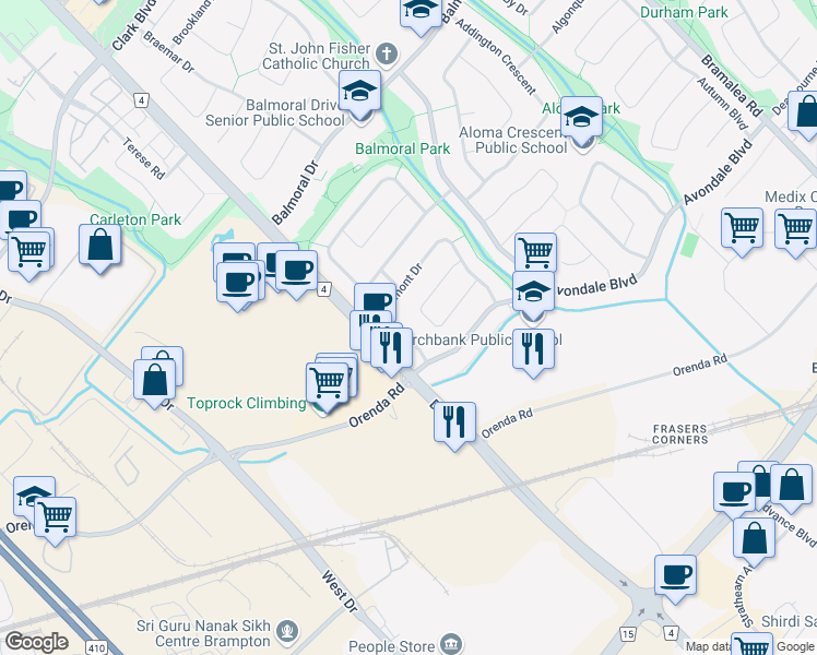 map of restaurants, bars, coffee shops, grocery stores, and more near 16 Belmont Drive in Brampton