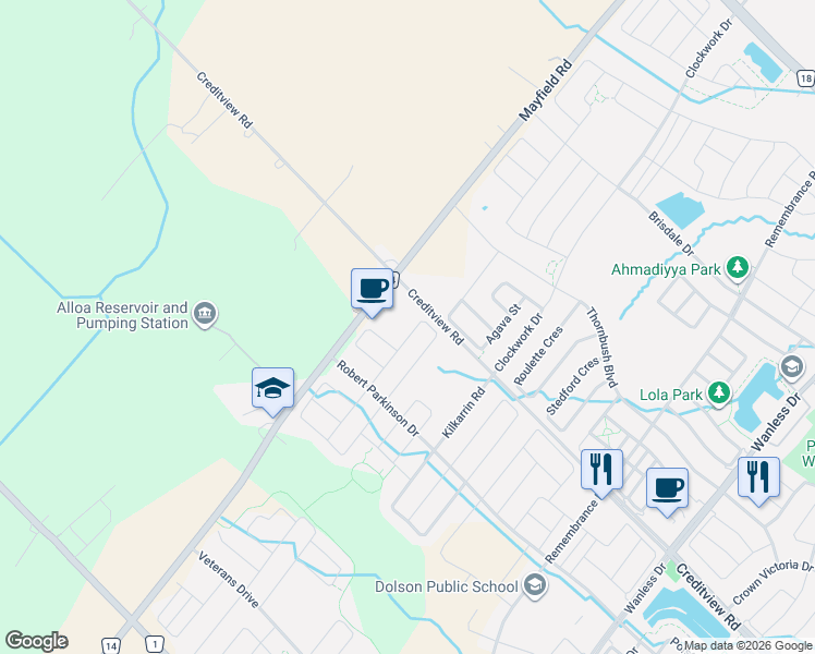 map of restaurants, bars, coffee shops, grocery stores, and more near 82 Humberstone Crescent in Brampton