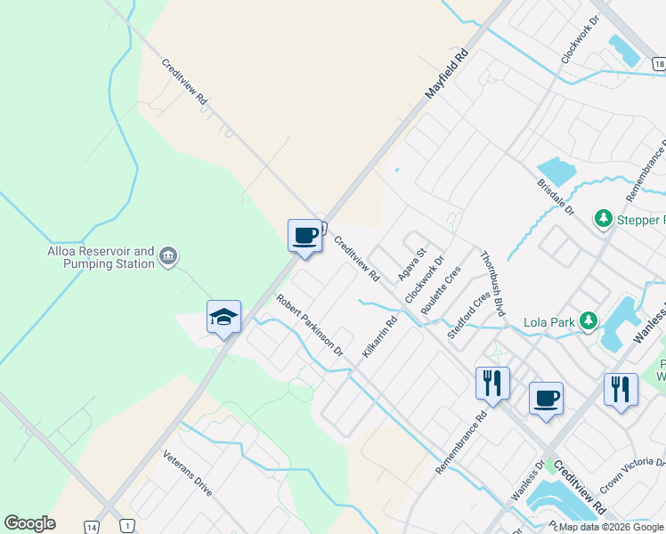 map of restaurants, bars, coffee shops, grocery stores, and more near 82 Humberstone Crescent in Brampton