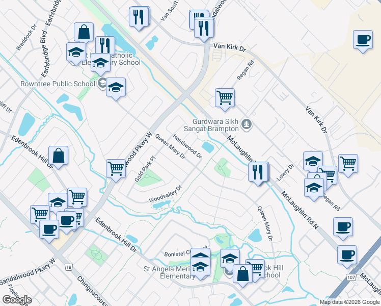map of restaurants, bars, coffee shops, grocery stores, and more near in Brampton