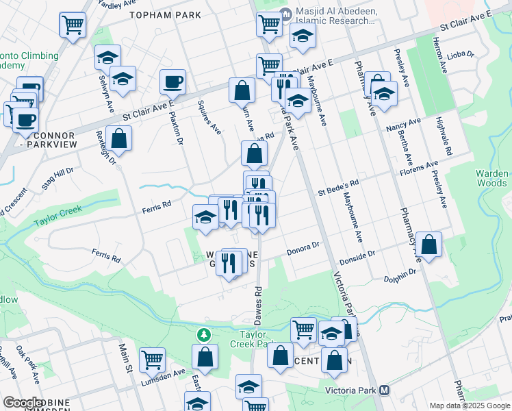 map of restaurants, bars, coffee shops, grocery stores, and more near 468A Dawes Road in Toronto