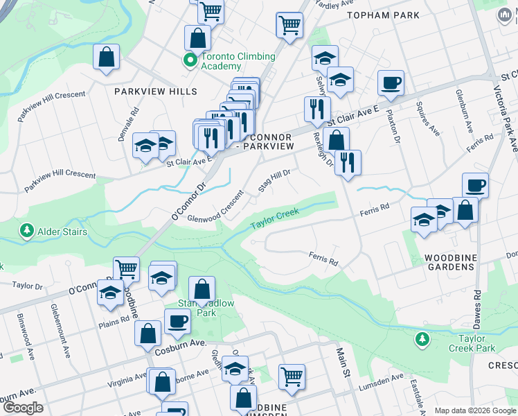 map of restaurants, bars, coffee shops, grocery stores, and more near 7 Stag Hill Drive in Toronto