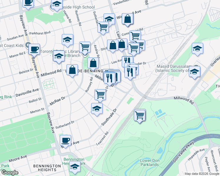 map of restaurants, bars, coffee shops, grocery stores, and more near 901 Millwood Road in Toronto
