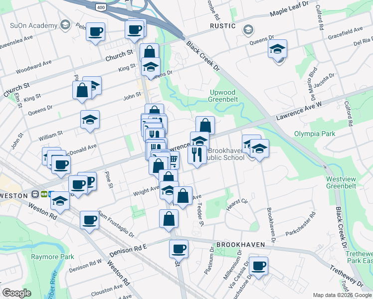 map of restaurants, bars, coffee shops, grocery stores, and more near 1809 Lawrence Avenue West in Toronto