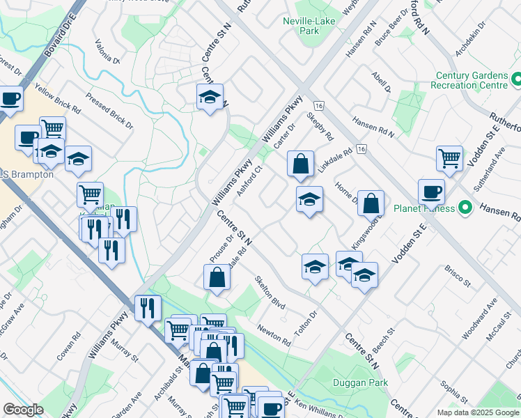 map of restaurants, bars, coffee shops, grocery stores, and more near 98 Radford Drive in Brampton