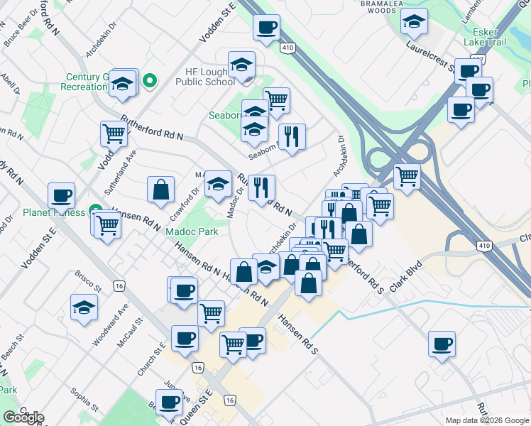 map of restaurants, bars, coffee shops, grocery stores, and more near 65 Newstead Crescent in Brampton