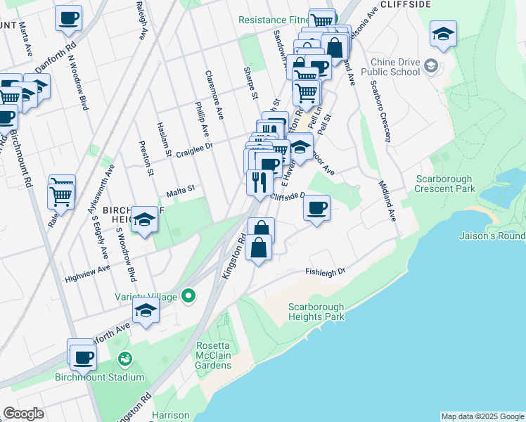 map of restaurants, bars, coffee shops, grocery stores, and more near 20 Aylesford Drive in Toronto