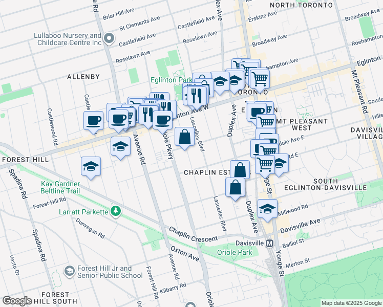 map of restaurants, bars, coffee shops, grocery stores, and more near 119 Eastbourne Avenue in Toronto