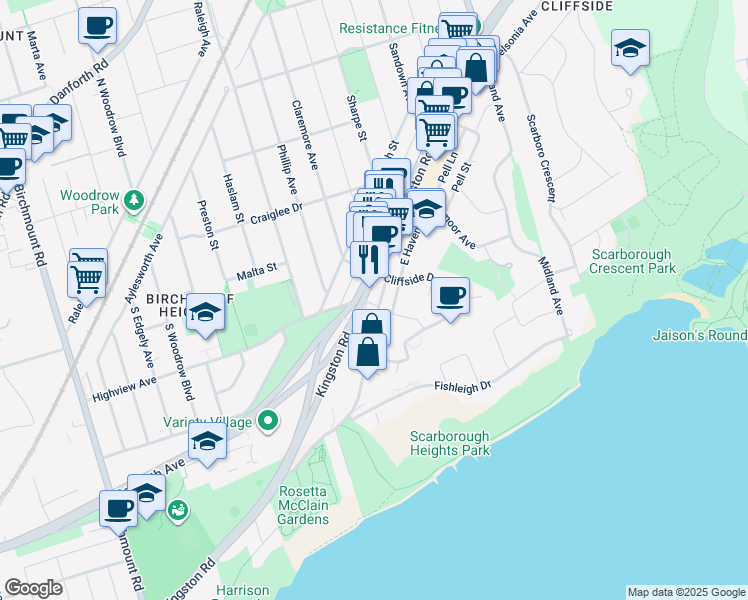 map of restaurants, bars, coffee shops, grocery stores, and more near 20 Aylesford Drive in Toronto