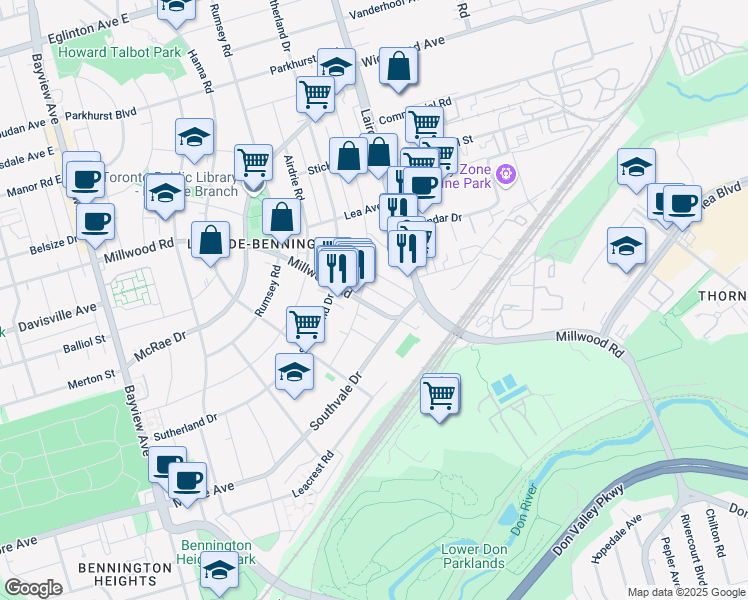 map of restaurants, bars, coffee shops, grocery stores, and more near in Toronto