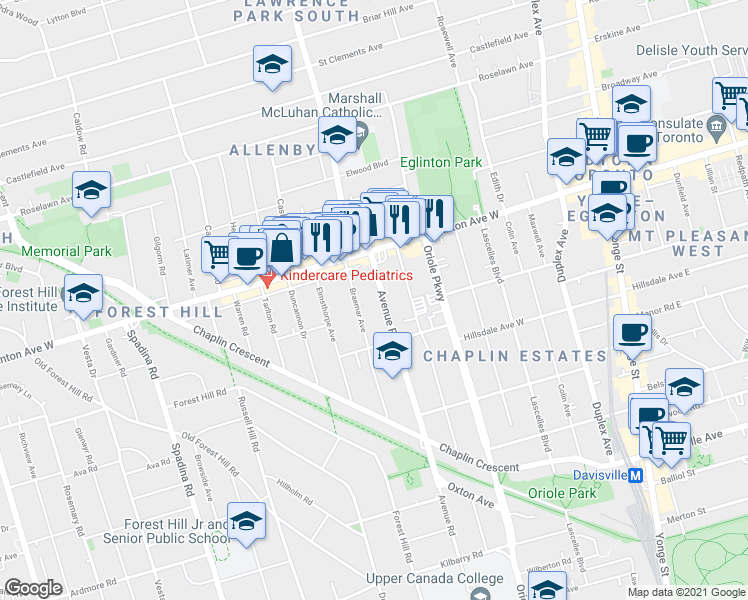 map of restaurants, bars, coffee shops, grocery stores, and more near 83 Braemar Avenue in Toronto