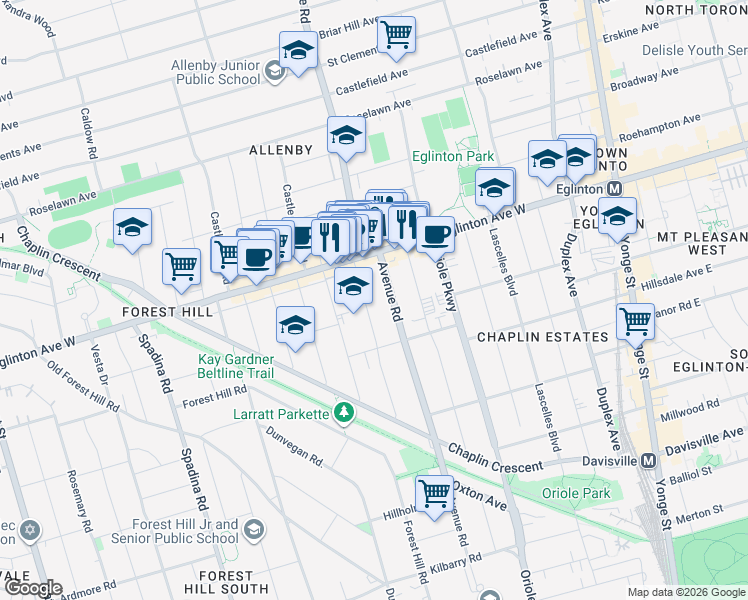 map of restaurants, bars, coffee shops, grocery stores, and more near 83 Braemar Avenue in Toronto