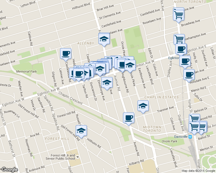map of restaurants, bars, coffee shops, grocery stores, and more near in Toronto