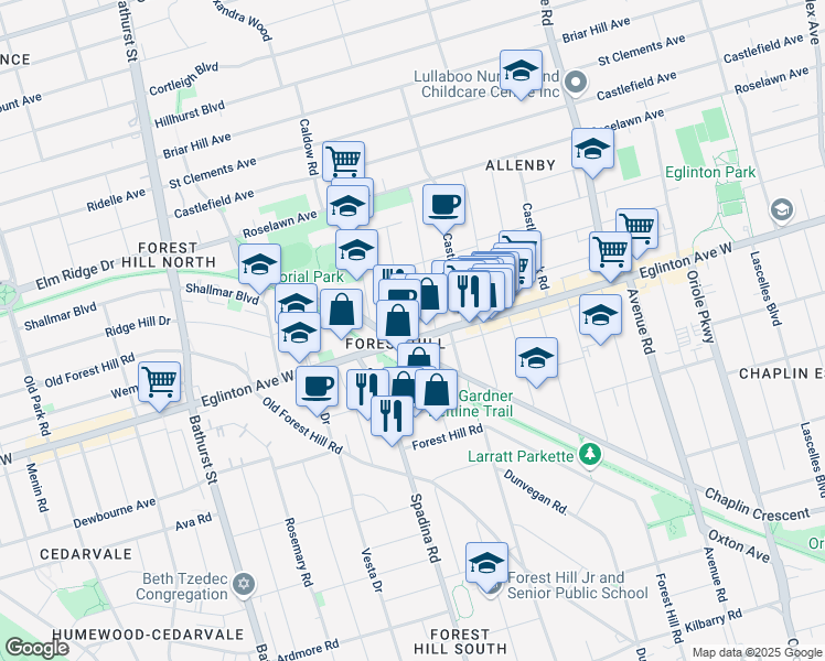 map of restaurants, bars, coffee shops, grocery stores, and more near in Toronto