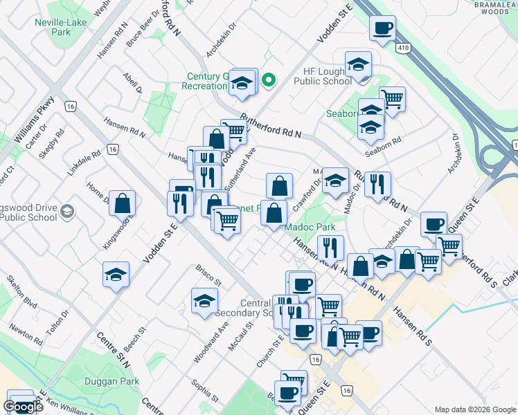 map of restaurants, bars, coffee shops, grocery stores, and more near 109 Hansen Road North in Brampton