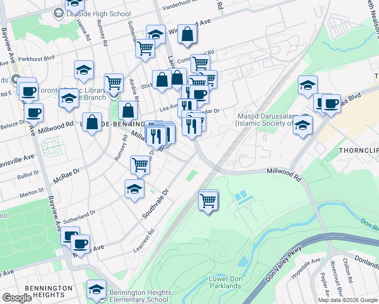 map of restaurants, bars, coffee shops, grocery stores, and more near 25 Malcolm Road in Toronto