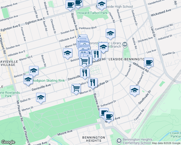 map of restaurants, bars, coffee shops, grocery stores, and more near 1477 Bayview Avenue in Toronto