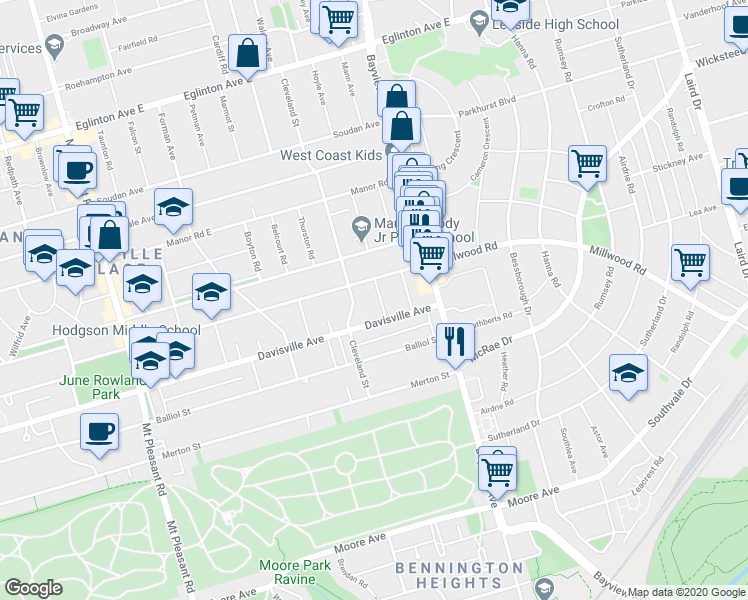 map of restaurants, bars, coffee shops, grocery stores, and more near 28 Le May Road in Toronto