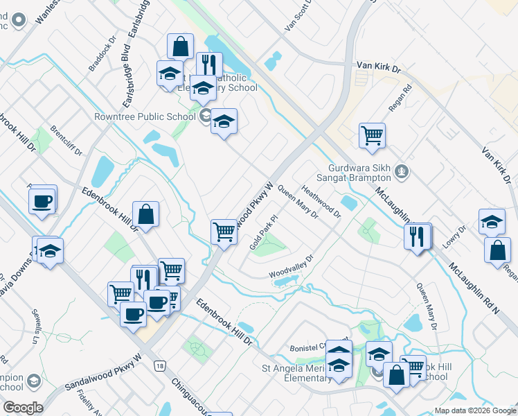 map of restaurants, bars, coffee shops, grocery stores, and more near 22 Courtsfield Crescent in Brampton