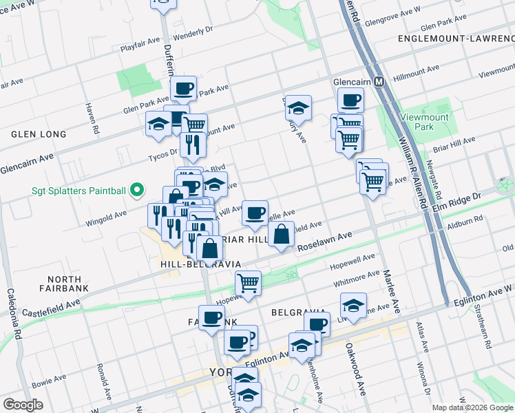map of restaurants, bars, coffee shops, grocery stores, and more near 1035 Briar Hill Avenue in Toronto