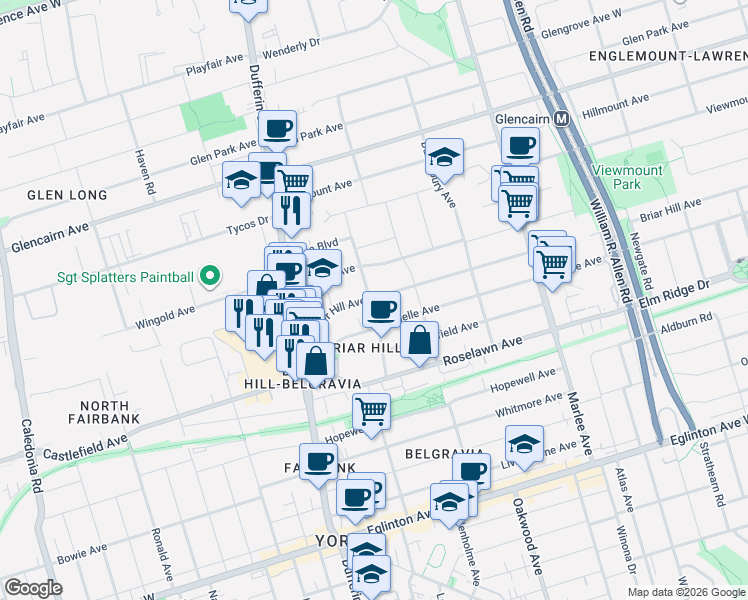 map of restaurants, bars, coffee shops, grocery stores, and more near 1035 Briar Hill Avenue in Toronto