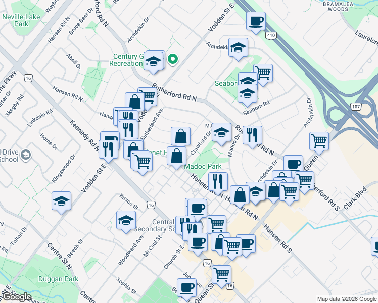 map of restaurants, bars, coffee shops, grocery stores, and more near 16 Crawford Drive in Brampton