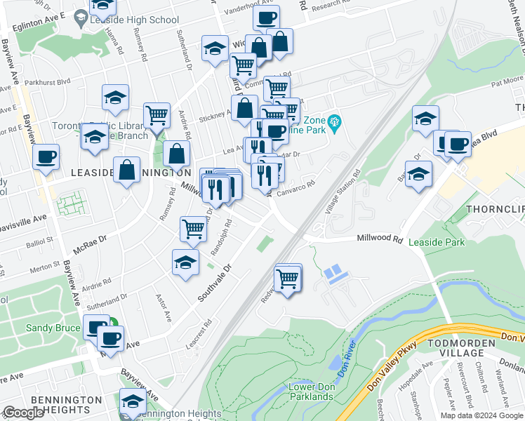 map of restaurants, bars, coffee shops, grocery stores, and more near in Toronto
