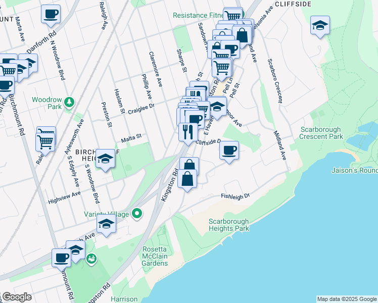 map of restaurants, bars, coffee shops, grocery stores, and more near 20 Aylesford Drive in Toronto