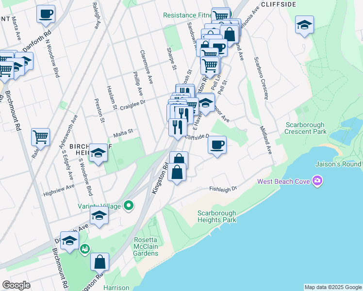 map of restaurants, bars, coffee shops, grocery stores, and more near 20 Aylesford Drive in Toronto