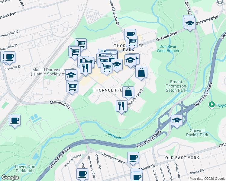 map of restaurants, bars, coffee shops, grocery stores, and more near 35 Thorncliffe Park Drive in Toronto