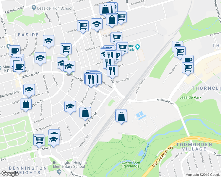map of restaurants, bars, coffee shops, grocery stores, and more near 955-1073 Millwood Road in Toronto