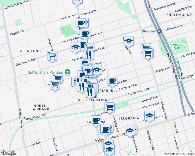 map of restaurants, bars, coffee shops, grocery stores, and more near in Toronto