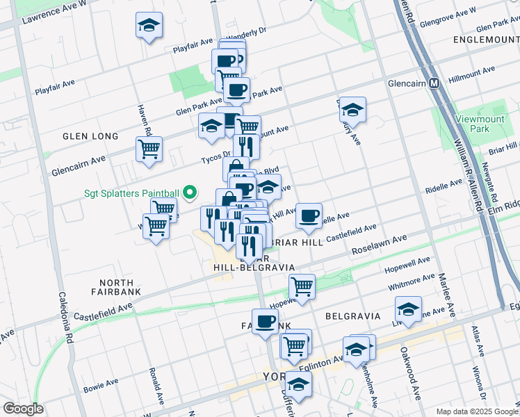 map of restaurants, bars, coffee shops, grocery stores, and more near 2501 Dufferin Street in Toronto