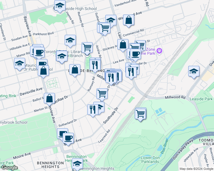 map of restaurants, bars, coffee shops, grocery stores, and more near 158 Sutherland Drive in Toronto