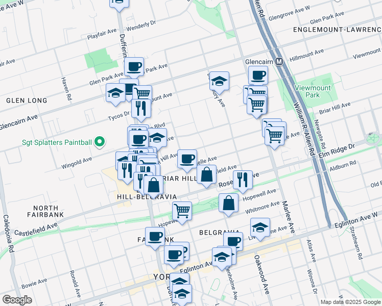 map of restaurants, bars, coffee shops, grocery stores, and more near 1031 Briar Hill Avenue in Toronto