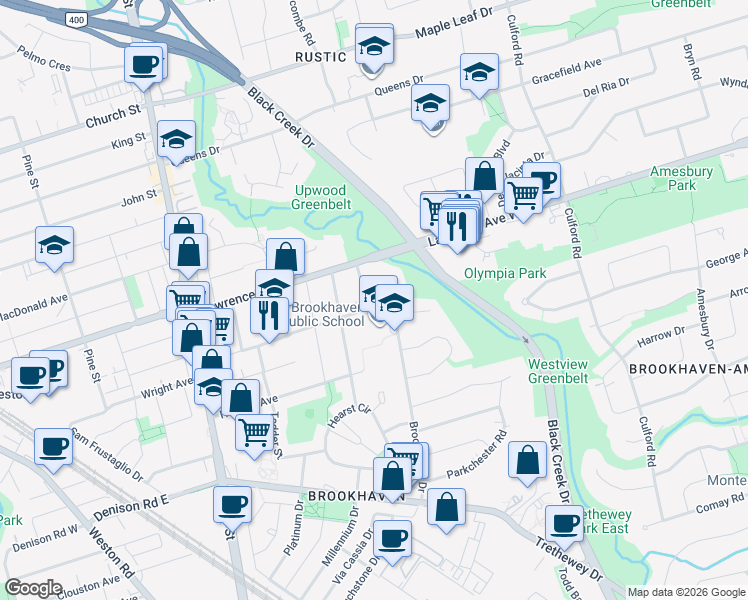 map of restaurants, bars, coffee shops, grocery stores, and more near in Toronto