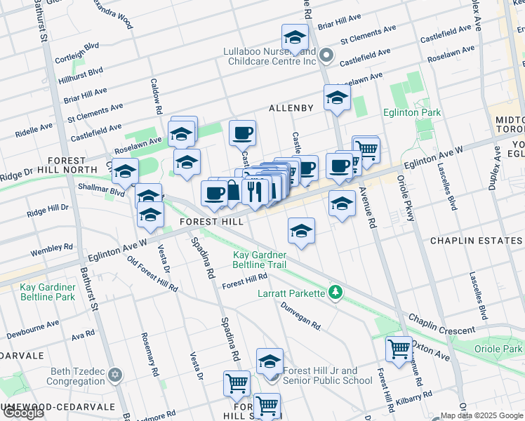 map of restaurants, bars, coffee shops, grocery stores, and more near 549 Eglinton Avenue West in Toronto