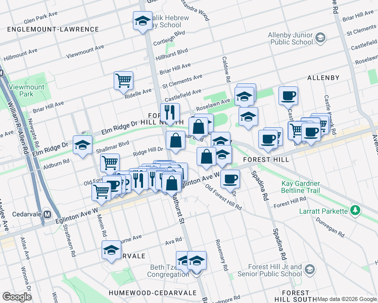 map of restaurants, bars, coffee shops, grocery stores, and more near 630 Vesta Drive in Toronto