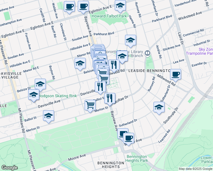 map of restaurants, bars, coffee shops, grocery stores, and more near 1477 Bayview Avenue in Toronto
