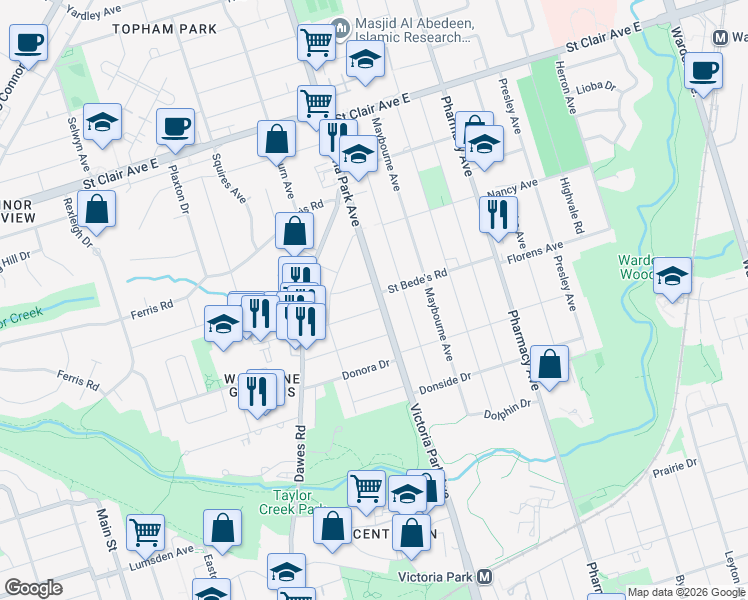 map of restaurants, bars, coffee shops, grocery stores, and more near 1002 Victoria Park Avenue in Toronto