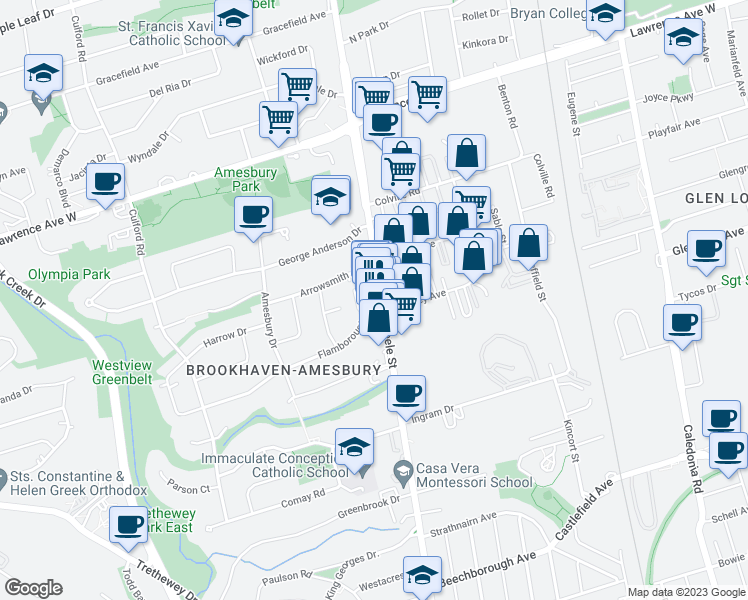 map of restaurants, bars, coffee shops, grocery stores, and more near 2300 Keele Street in Toronto