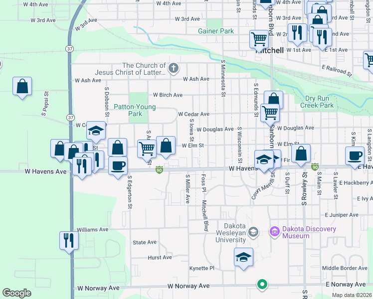 map of restaurants, bars, coffee shops, grocery stores, and more near 905 West Elm Street in Mitchell