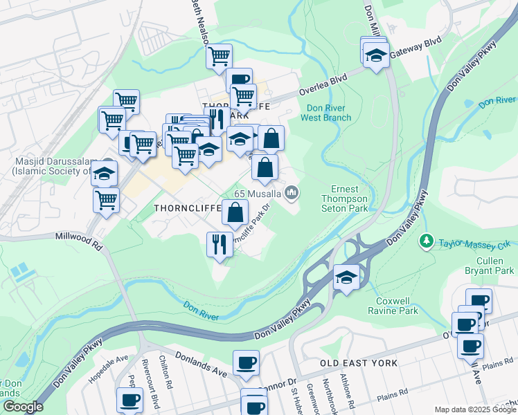 map of restaurants, bars, coffee shops, grocery stores, and more near 50 Thorncliffe Park Drive in Toronto