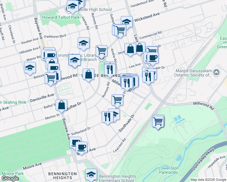 map of restaurants, bars, coffee shops, grocery stores, and more near 140 Airdrie Road in Toronto