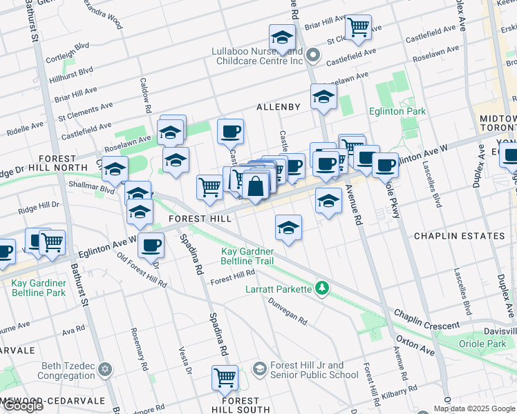 map of restaurants, bars, coffee shops, grocery stores, and more near 549 Eglinton Avenue West in Toronto